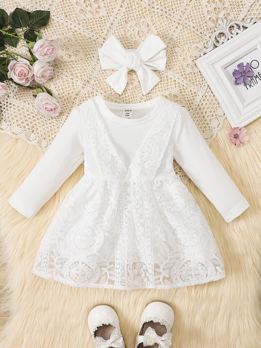 Đầm em bé Tương phản ren 2 trong1 màu trơn Buổi tiệc - trắng - Xem 1
