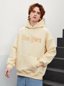 Men Drop Shoulder Letter Patched Hoodie - Beige - View 4