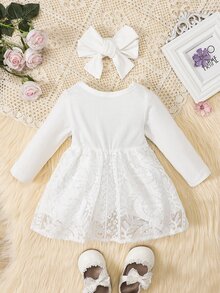 Đầm em bé Tương phản ren 2 trong1 màu trơn Buổi tiệc - trắng - Xem 2