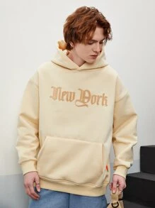Men Drop Shoulder Letter Patched Hoodie - Beige - View 5