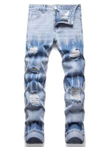 男士破洞磨边漂白洗水牛仔裤 - 淺色水洗藍 - 查看 1