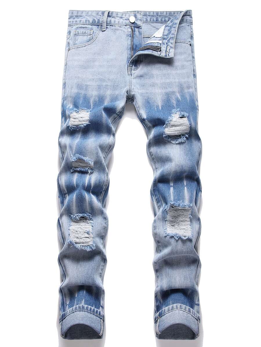 男士破洞磨边漂白洗水牛仔裤 - 淺色水洗藍 - 查看 1
