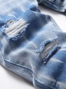 男士破洞磨边漂白洗水牛仔裤 - 淺色水洗藍 - 查看 5