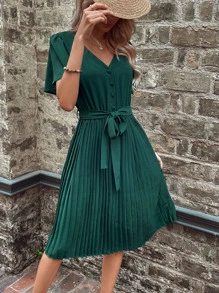 SHEIN LUNE Butterfly Sleeve Pleated Hem Belted Dress - Dark Green - View 1