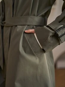 SHEIN Slant Pockets Belted Trench Coat - Green - View 4