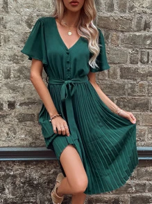 SHEIN LUNE Butterfly Sleeve Pleated Hem Belted Dress - Dark Green - View 3