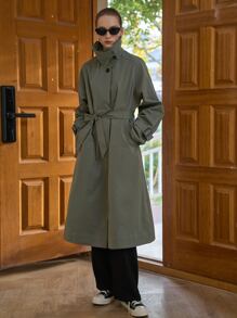 SHEIN Slant Pockets Belted Trench Coat - Green - View 5