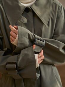 SHEIN Slant Pockets Belted Trench Coat - Green - View 7