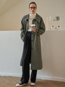 SHEIN Slant Pockets Belted Trench Coat - Green - View 10