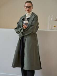 SHEIN Slant Pockets Belted Trench Coat - Green - View 11