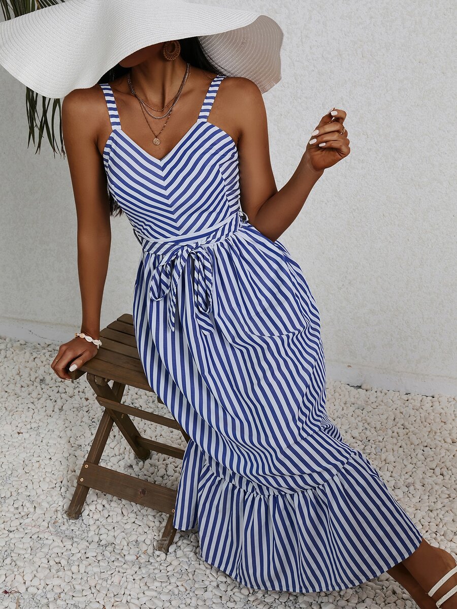 SHEIN Frenchy Vertical Striped Ruffle Hem Belted Cami Dress - Blue and White - View 1