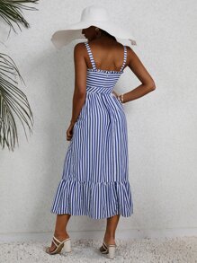SHEIN Frenchy Vertical Striped Ruffle Hem Belted Cami Dress - Blue and White - View 2