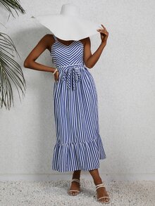 SHEIN Frenchy Vertical Striped Ruffle Hem Belted Cami Dress - Blue and White - View 5