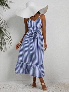 SHEIN Frenchy Vertical Striped Ruffle Hem Belted Cami Dress - Blue and White - View 6