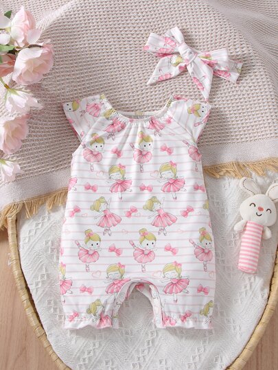 SHEIN Mono Y Banda Para La Cabeza Con Figura De Recién Nacida Y Estampado De Rayas Con Volantes Para Bebé Niña