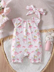 SHEIN Baby Girl Newborn Figure& Striped Print Frill Trim Romper & Headband