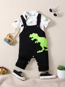 SHEIN 男嬰恐龍印花襯衫和背帶連身褲