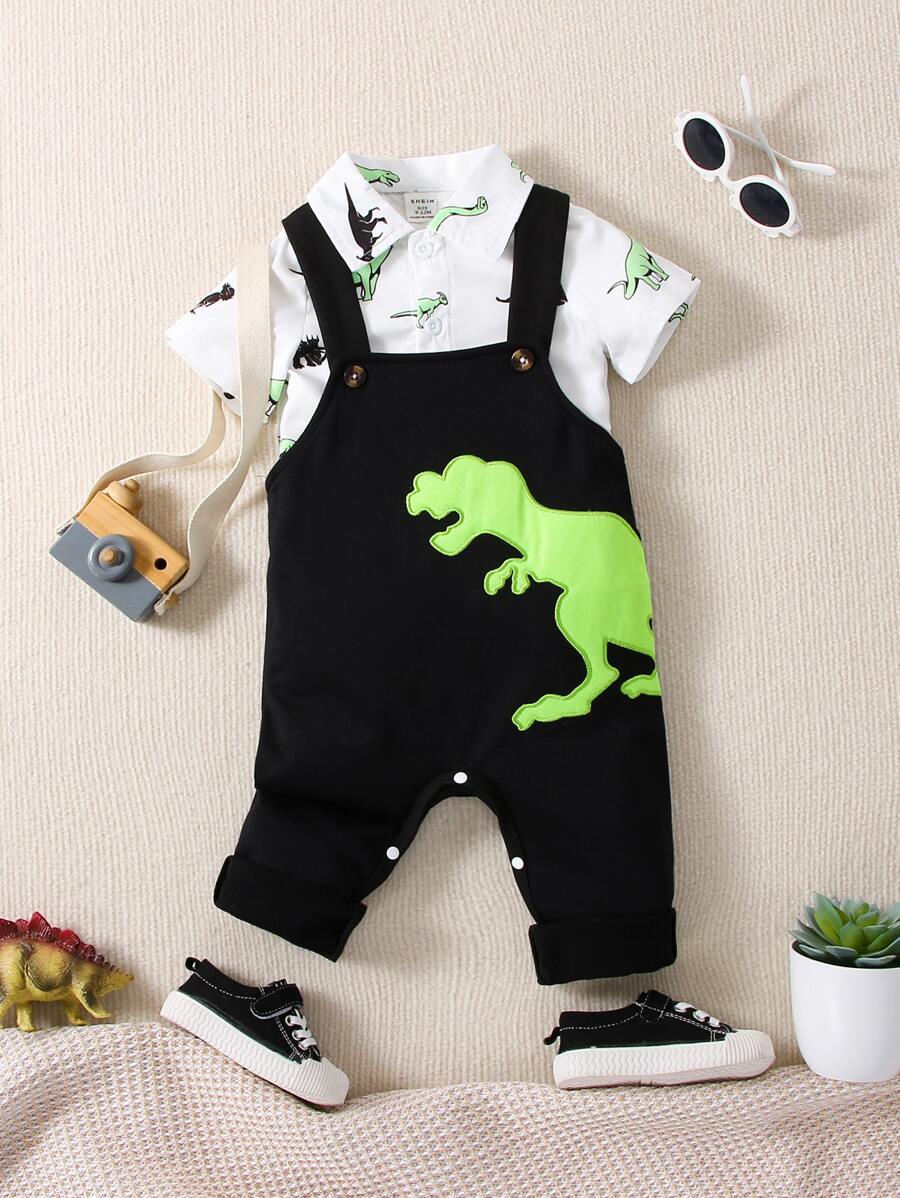 SHEIN 男嬰恐龍印花襯衫和背帶連身褲