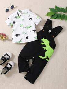 SHEIN 男嬰恐龍印花襯衫和背帶連身褲