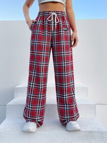 SHEIN EZwear Tartan Print Drawstring Waist Wide Leg Pants - Multicolor - View 2