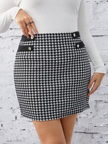 SHEIN Privé Plus Houndstooth Print Button Detail Bodycon Skirt - Black and White - View 1