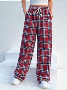 SHEIN EZwear Tartan Print Drawstring Waist Wide Leg Pants - Multicolor - View 1