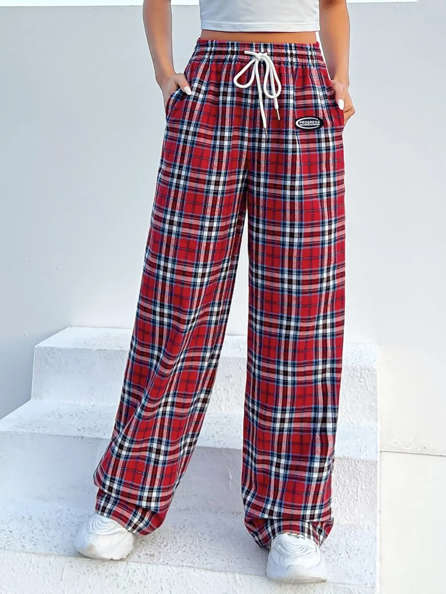 SHEIN EZwear Tartan Print Drawstring Waist Wide Leg Pants - Multicolor - View 1