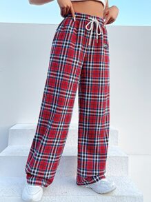 SHEIN EZwear Tartan Print Drawstring Waist Wide Leg Pants - Multicolor - View 4