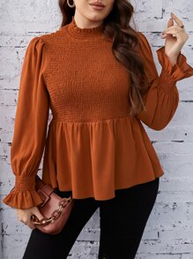 SHEIN Clasi 大碼打褶拼塊荷葉袖荷葉邊下擺襯衫 - 亮橙色 - 查看 1