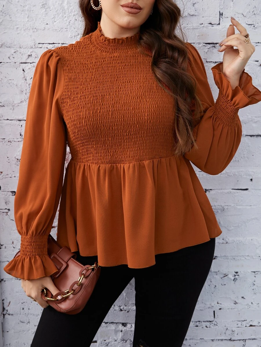 SHEIN Clasi 大碼打褶拼塊荷葉袖荷葉邊下擺襯衫 - 亮橙色 - 查看 1