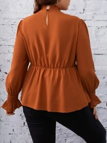 SHEIN Clasi 大碼打褶拼塊荷葉袖荷葉邊下擺襯衫 - 亮橙色 - 查看 2