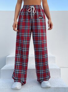SHEIN EZwear Tartan Print Drawstring Waist Wide Leg Pants - Multicolor - View 6