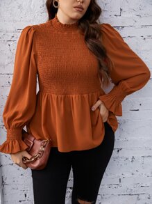 SHEIN Clasi 大碼打褶拼塊荷葉袖荷葉邊下擺襯衫 - 亮橙色 - 查看 3