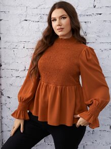 SHEIN Clasi 大碼打褶拼塊荷葉袖荷葉邊下擺襯衫 - 亮橙色 - 查看 5