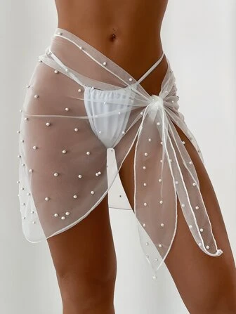 Falda de pareos con diseño de perla artificial con nudo lateral transparente sin bikini
