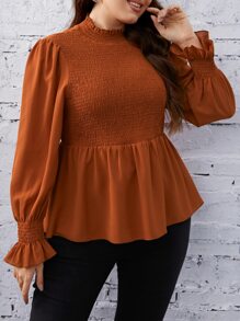 SHEIN Clasi 大碼打褶拼塊荷葉袖荷葉邊下擺襯衫 - 亮橙色 - 查看 6