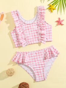 Young Girl Houndstooth Print Ruffle Trim Bikini Set Summer Beach - Multicolor - View 1