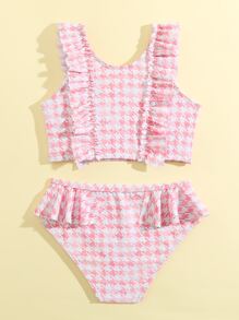 Young Girl Houndstooth Print Ruffle Trim Bikini Set Summer Beach - Multicolor - View 2