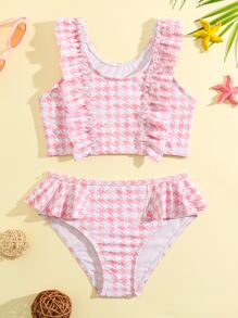 Young Girl Houndstooth Print Ruffle Trim Bikini Set Summer Beach - Multicolor - View 3