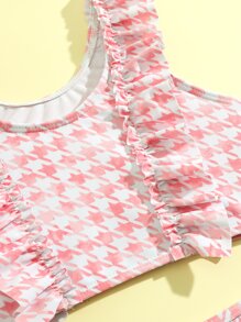 Young Girl Houndstooth Print Ruffle Trim Bikini Set Summer Beach - Multicolor - View 4