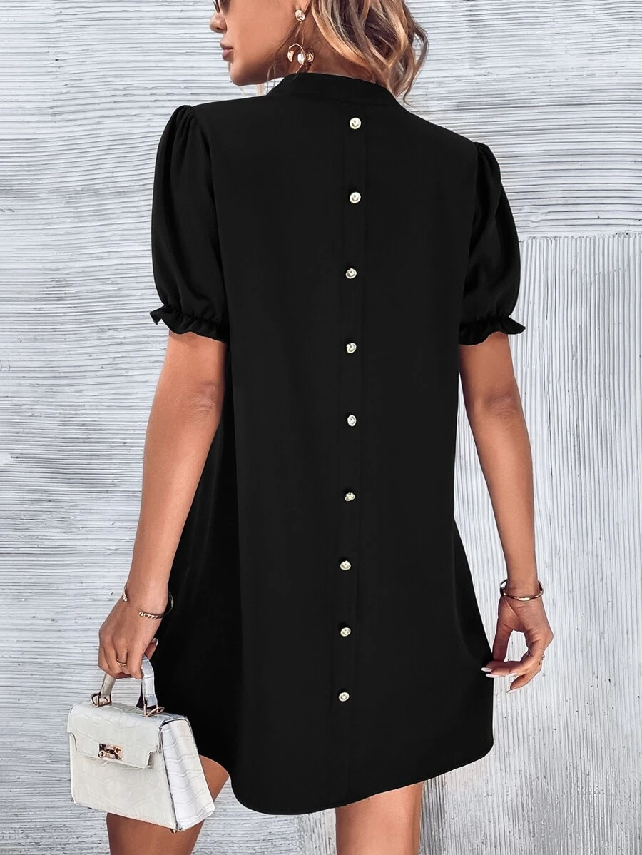 SHEIN Clasi Button Back Puff Sleeve Tunic Dress - Black - View 1