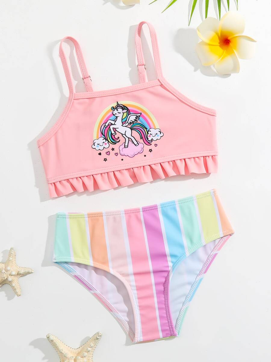 Young Girl Striped & Unicorn Print Ruffle Hem Bikini Set Summer Beach - Multicolor - View 1