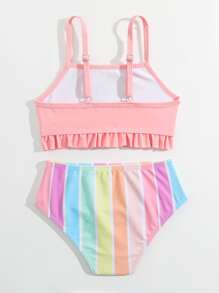 Young Girl Striped & Unicorn Print Ruffle Hem Bikini Set Summer Beach - Multicolor - View 2