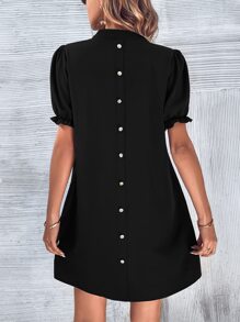 SHEIN Clasi Button Back Puff Sleeve Tunic Dress - Black - View 3