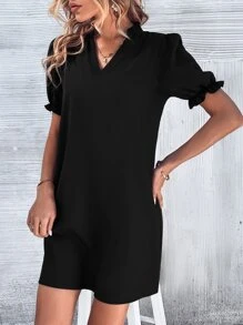 SHEIN Clasi Button Back Puff Sleeve Tunic Dress - Black - View 4
