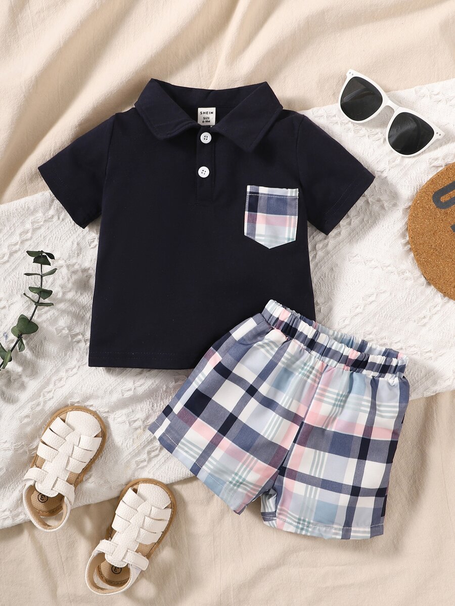 男嬰格紋補丁貼口袋POLO衫和短褲 - 彩色 - 查看 1