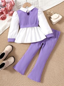SHEIN 年輕女孩兩色泡泡袖荷葉邊2合1上衣和褲子 - 彩色 - 查看 2