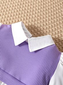 SHEIN 年輕女孩兩色泡泡袖荷葉邊2合1上衣和褲子 - 彩色 - 查看 4