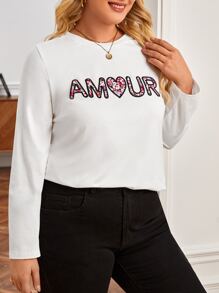 SHEIN Frenchy Plus Floral Print Embroidery Letter Tee - White - View 3