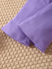 SHEIN 年輕女孩兩色泡泡袖荷葉邊2合1上衣和褲子 - 彩色 - 查看 7